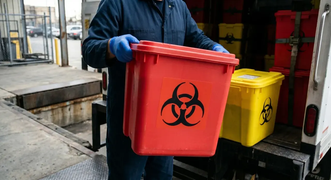 Operario con guantes manipulando contenedor rojo con simbología biohazard junto a unidad de transporte