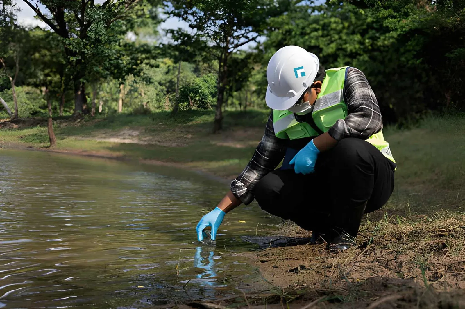 Técnica ambiental con casco y chaleco reflectivo tomando una muestra de agua a la orilla de un curso natural