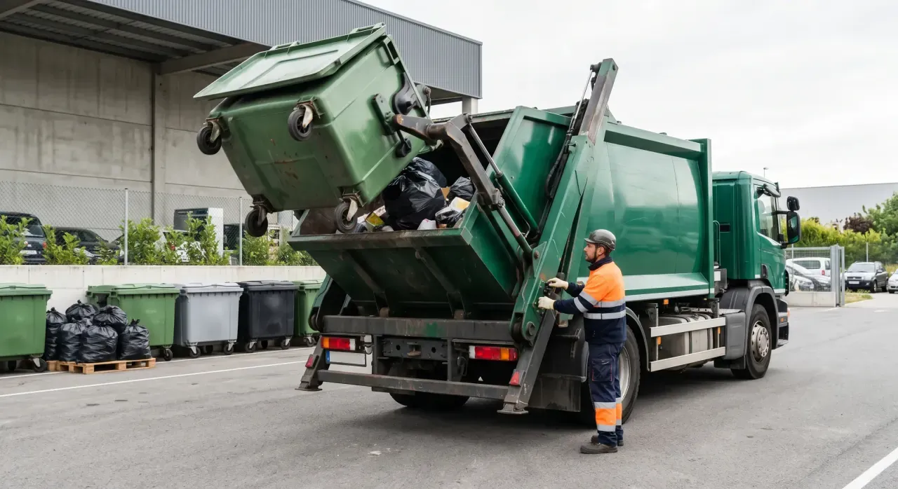 Camión recolector verde levantando un contenedor de residuos sólidos urbanos